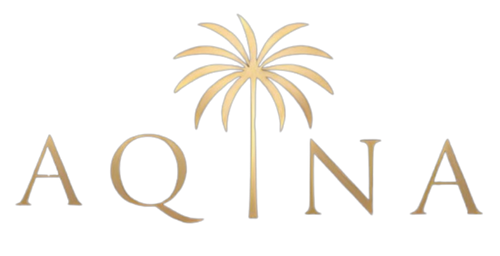Gold palm tree logo with 'AQINA' text on a white background
