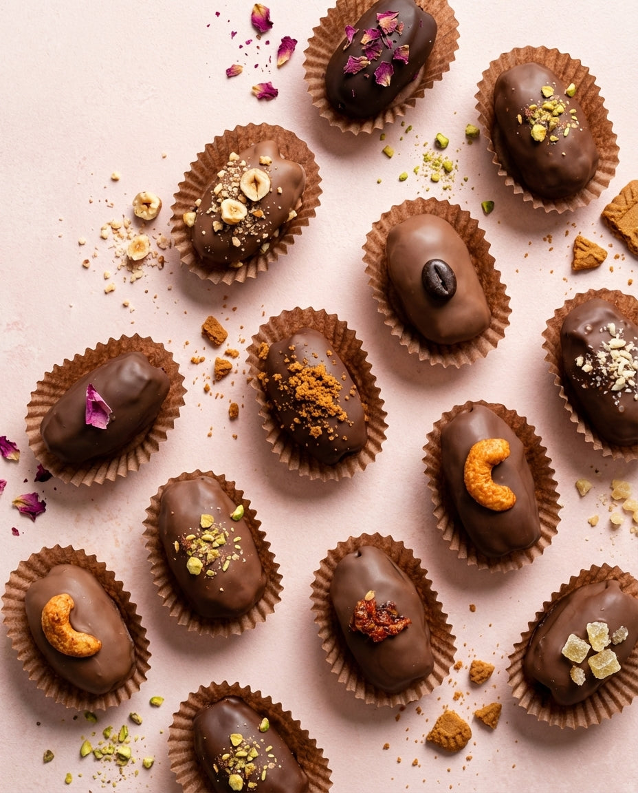Assorted chocolate coated dates with various toppings on a light pink background