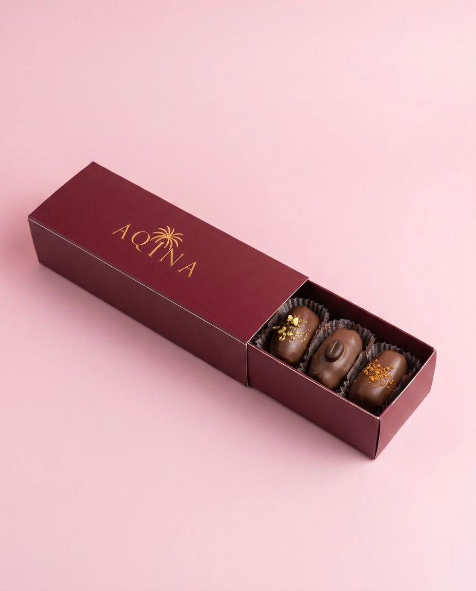 Maroon gift box with 'Aqina' branding containing chocolate truffles on a pink background